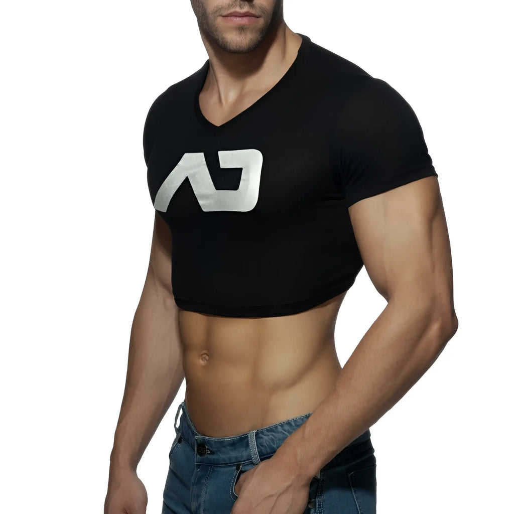 Black cropped v-neck t-shirt with silver metallic logo featuring ad crop top design