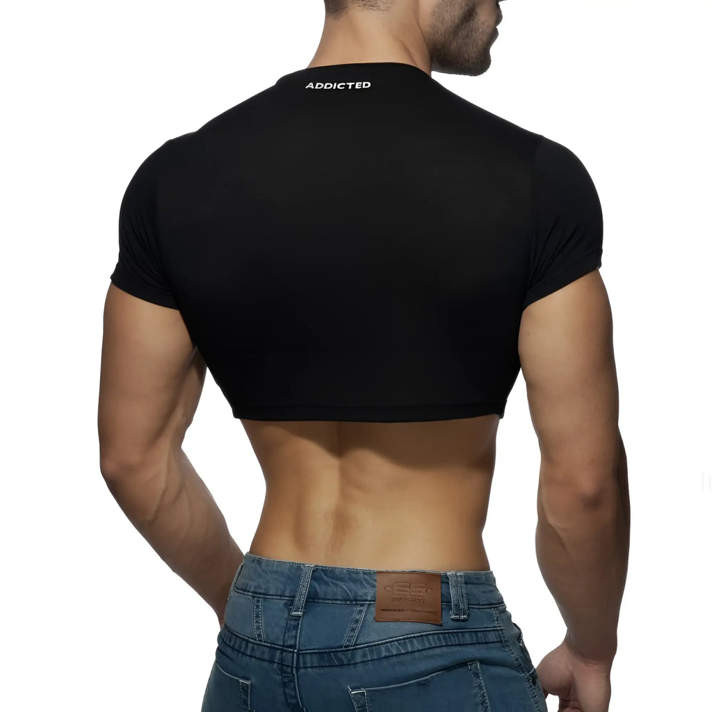 Black short-sleeved crop top with addicted branding at neckline in AD crop top casual wear design