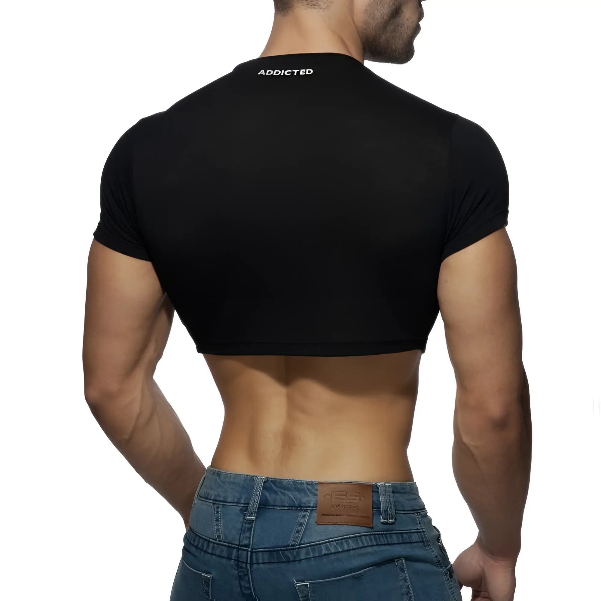 Black short-sleeved crop top with addicted branding at neckline in AD crop top casual wear design