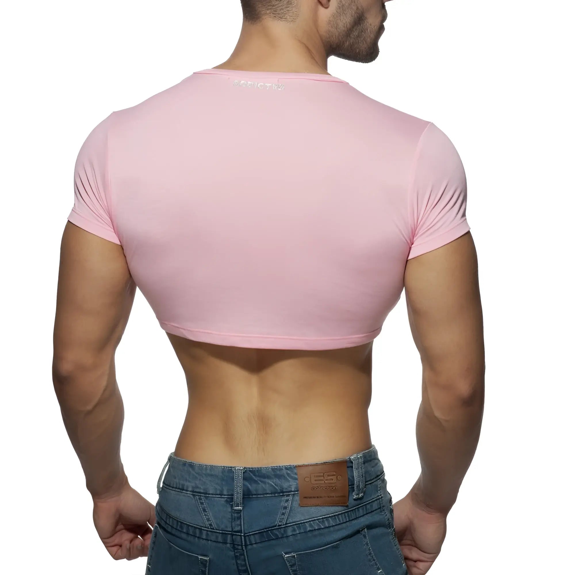 Pink ad crop top made of stretchy fabric with short sleeves and a round neckline
