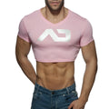 Pink cropped v-neck t-shirt with white metallic logo made of soft fabric for casual wear titled ad crop top