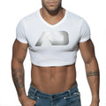 White cropped v-neck t-shirt with metallic silver logo featured on ad crop top for casual wear