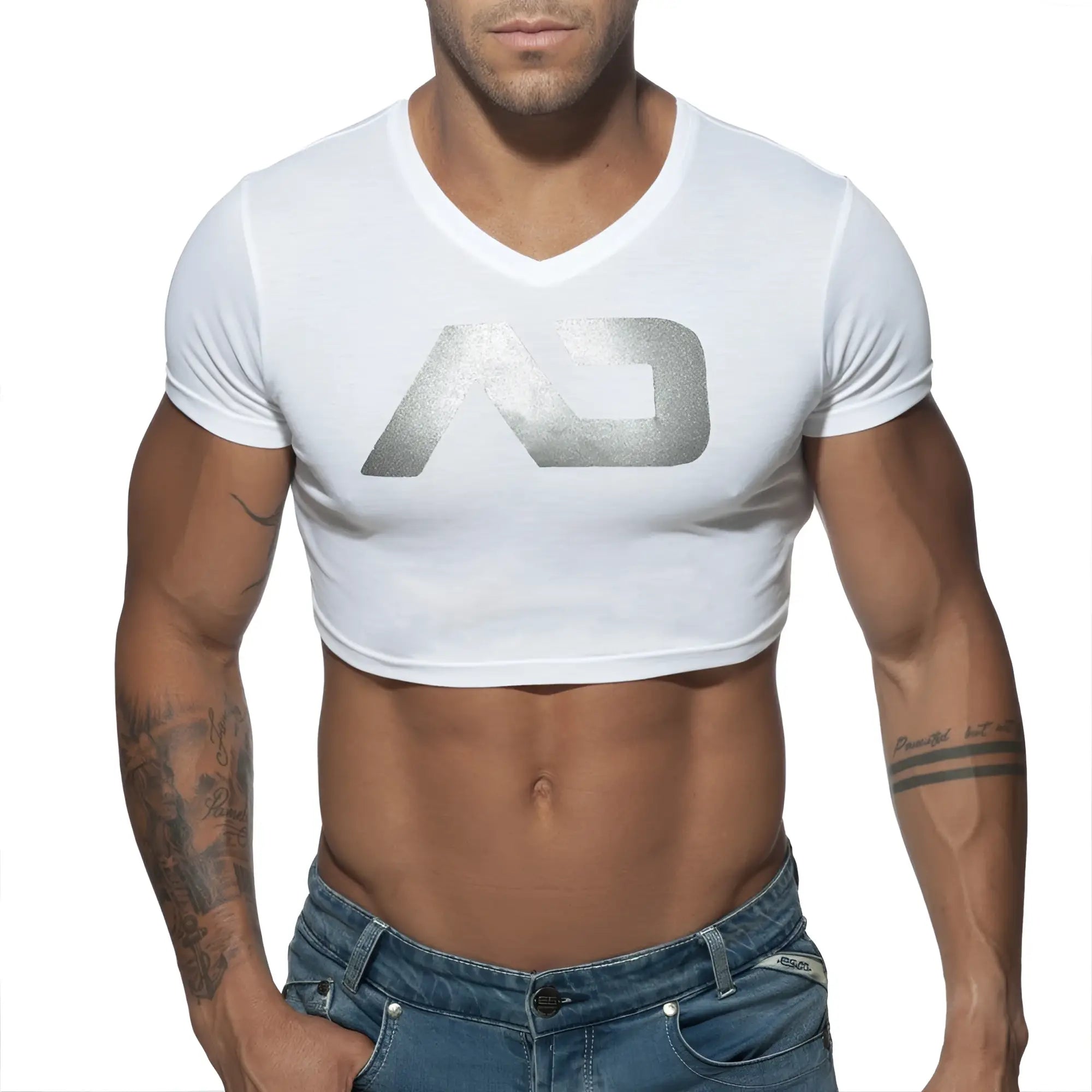White cropped v-neck t-shirt with metallic silver logo featured on ad crop top for casual wear