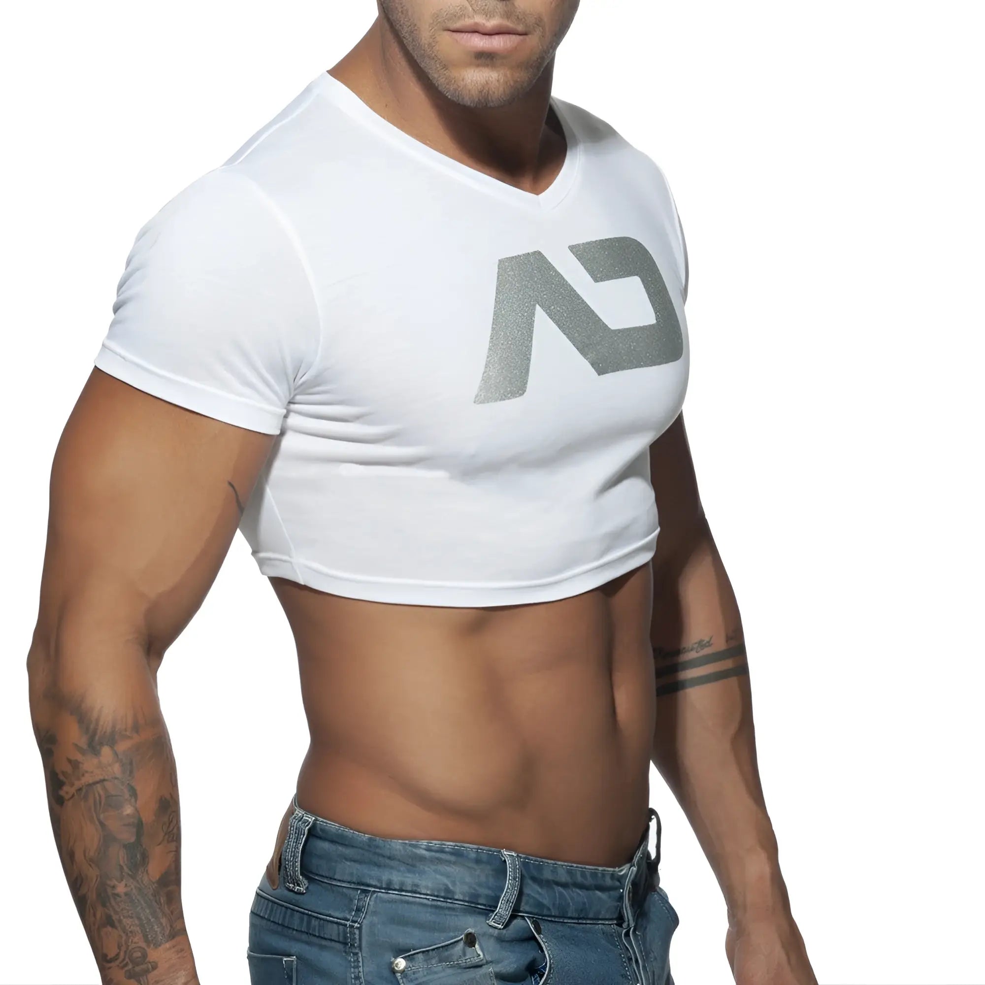 White cropped v-neck t-shirt with metallic silver logo on chest from AD CROP TOP collection