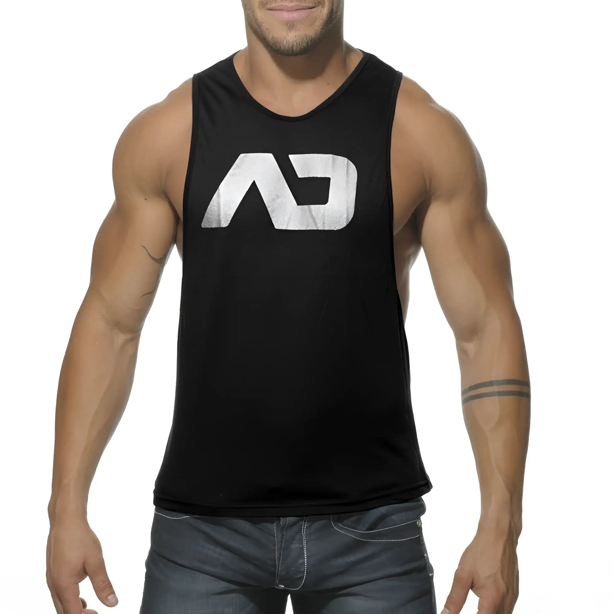 Black sleeveless tank top with a distressed white ad logo designed for low rider style and casual wear