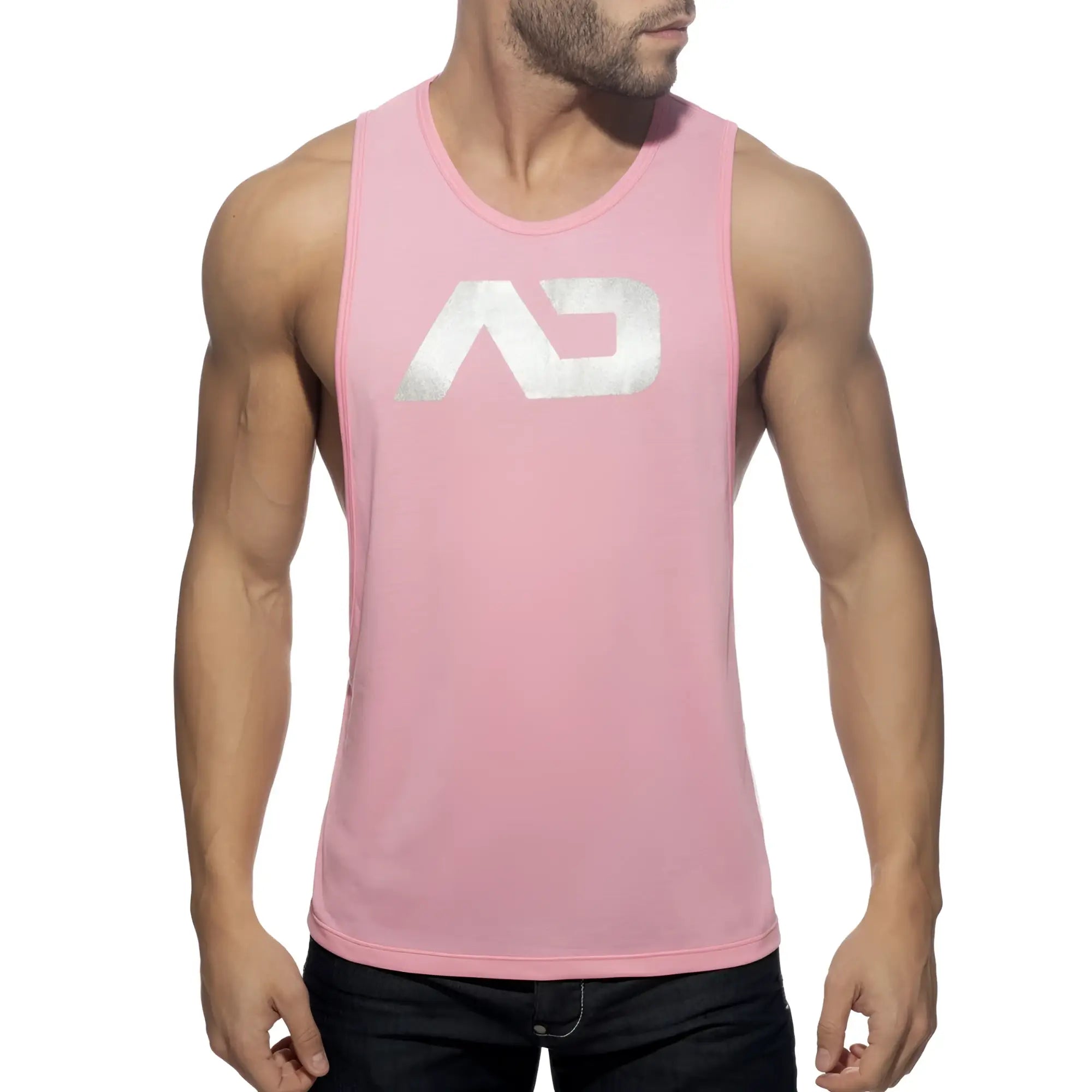 Pink sleeveless tank top with silver metallic ad logo on chest in ad logo low rider style