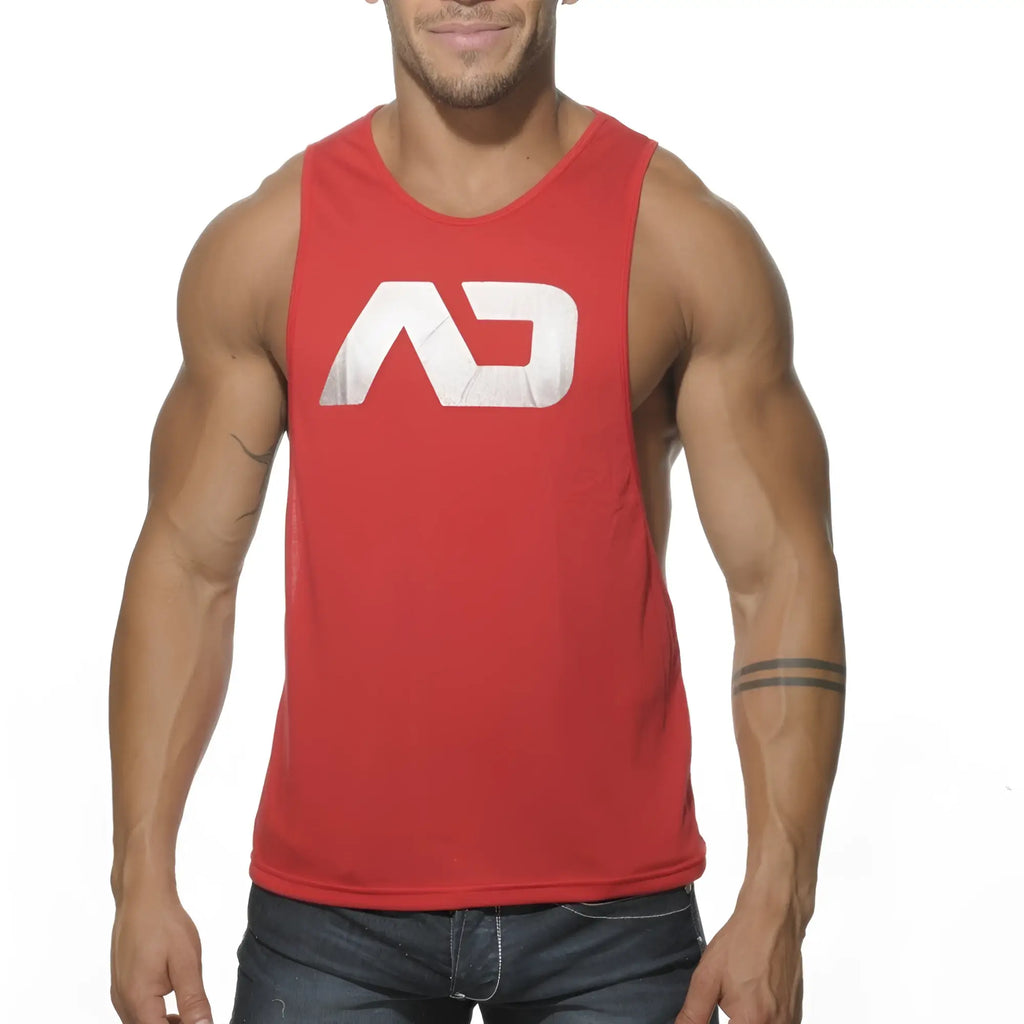 Red sleeveless muscle tank top with white distressed ad logo for casual low rider style