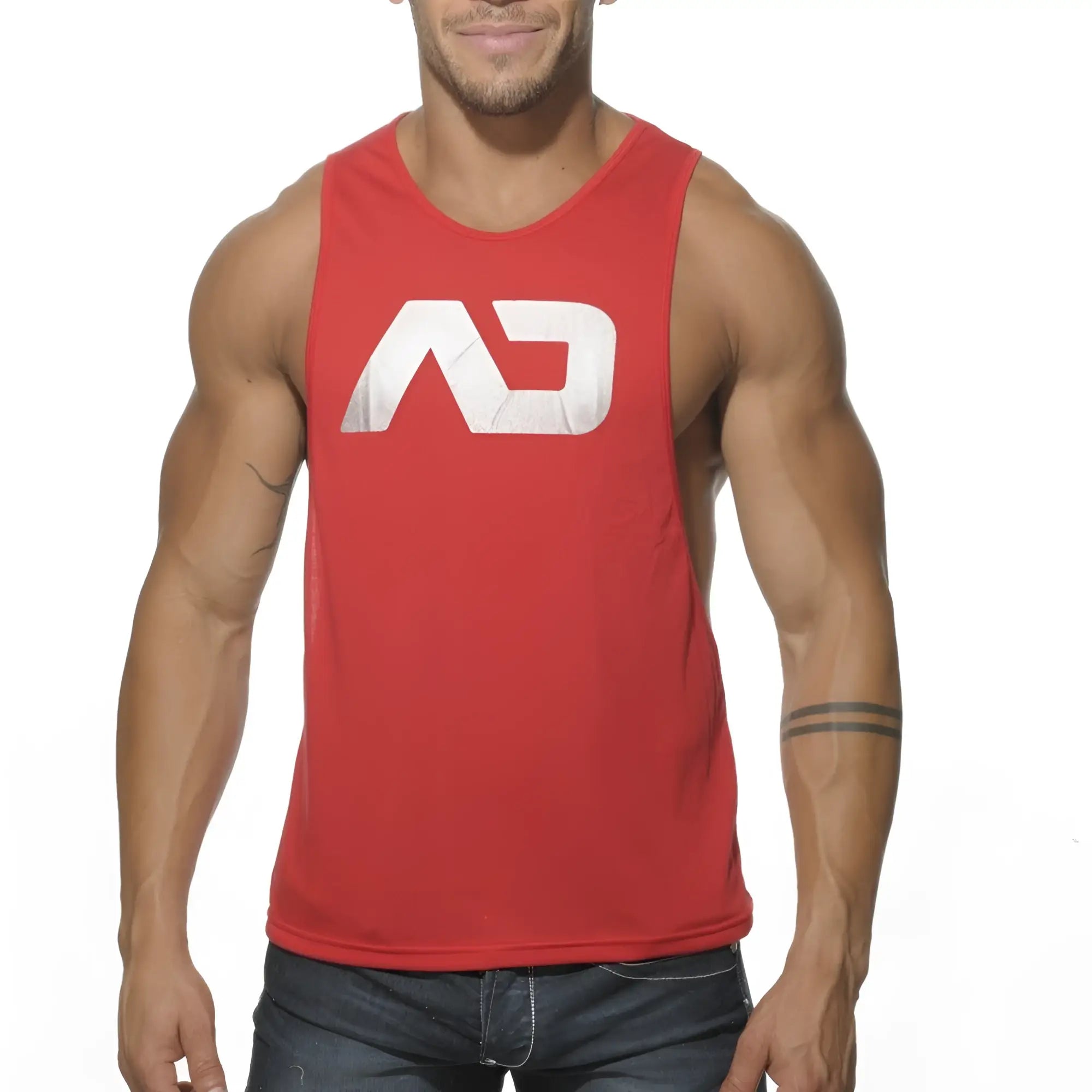 Red sleeveless muscle tank top with white distressed ad logo for casual low rider style