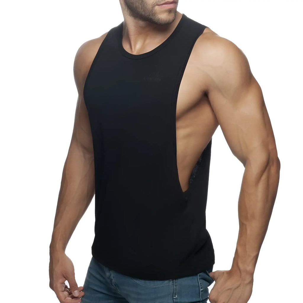 Black sleeveless muscle tank top ad low rider with a cutout back design for athletic and casual wear