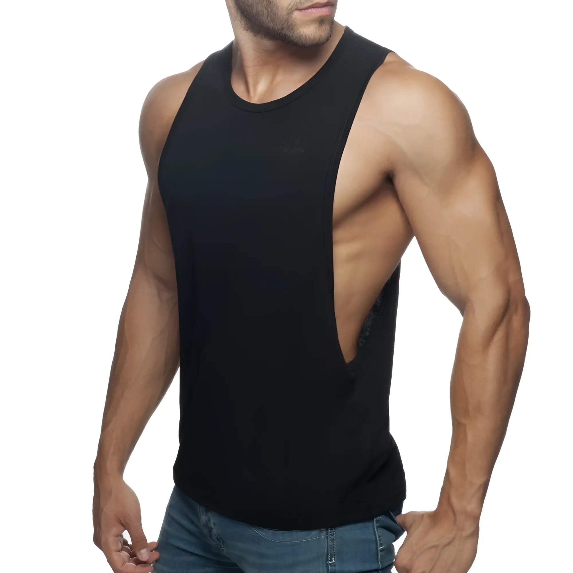 Black sleeveless muscle tank top ad low rider with a cutout back design for athletic and casual wear