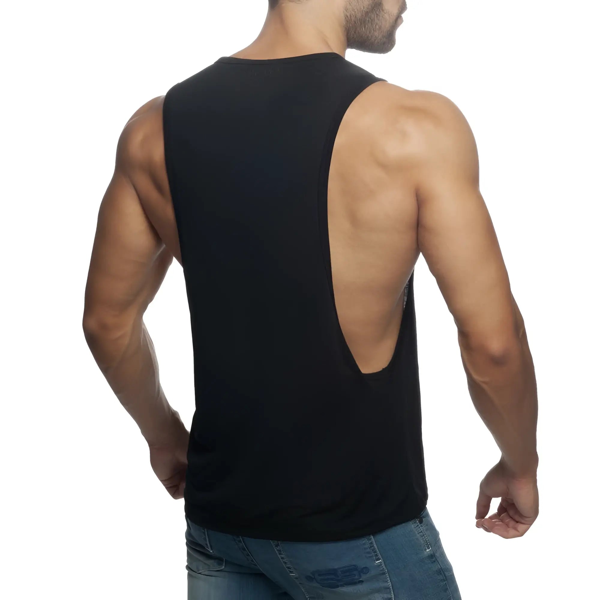 Black sleeveless muscle tank top ad low rider with a cutout back detail for athletic wear