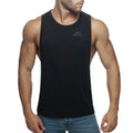 Black sleeveless tank top ad low rider with subtle gray logo on chest ideal for casual wear