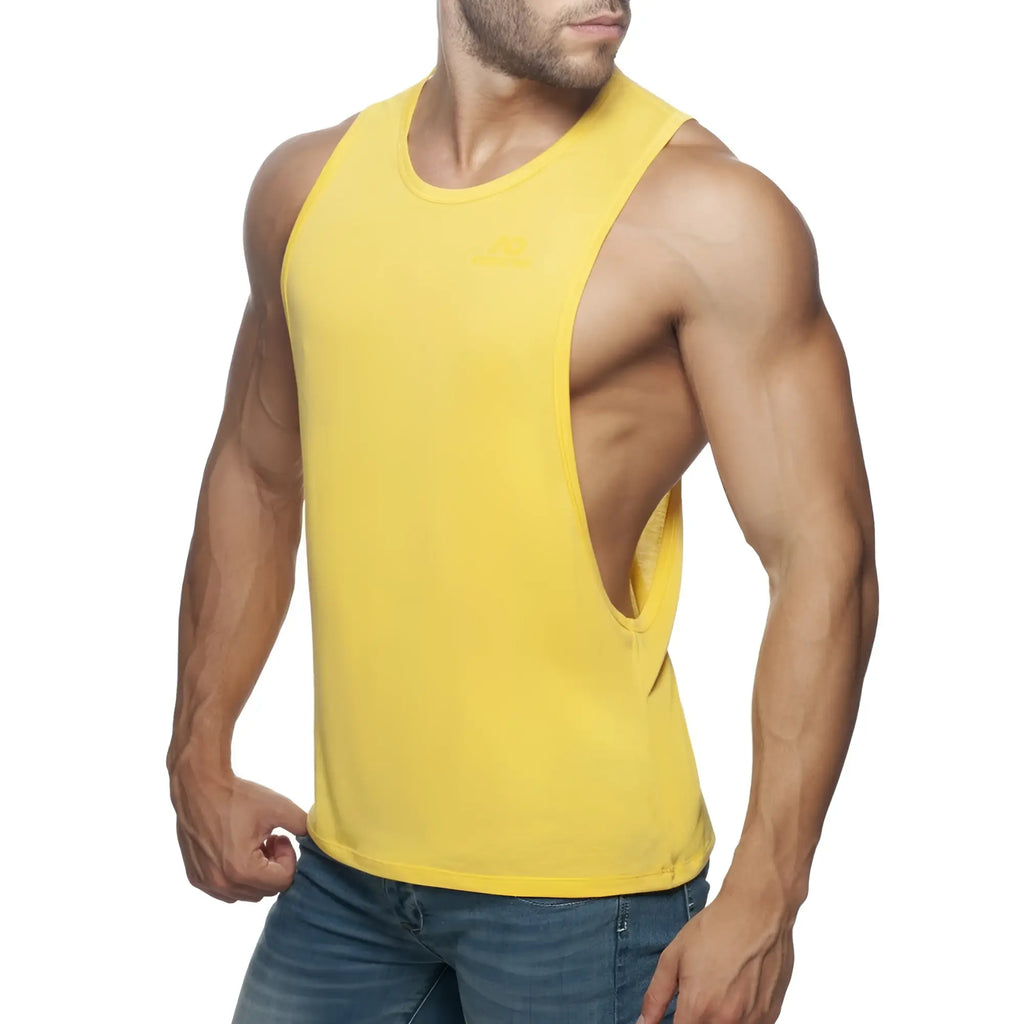 Bright yellow ad low rider muscle tank top with a distinctive side cutout perfect for athletic wear