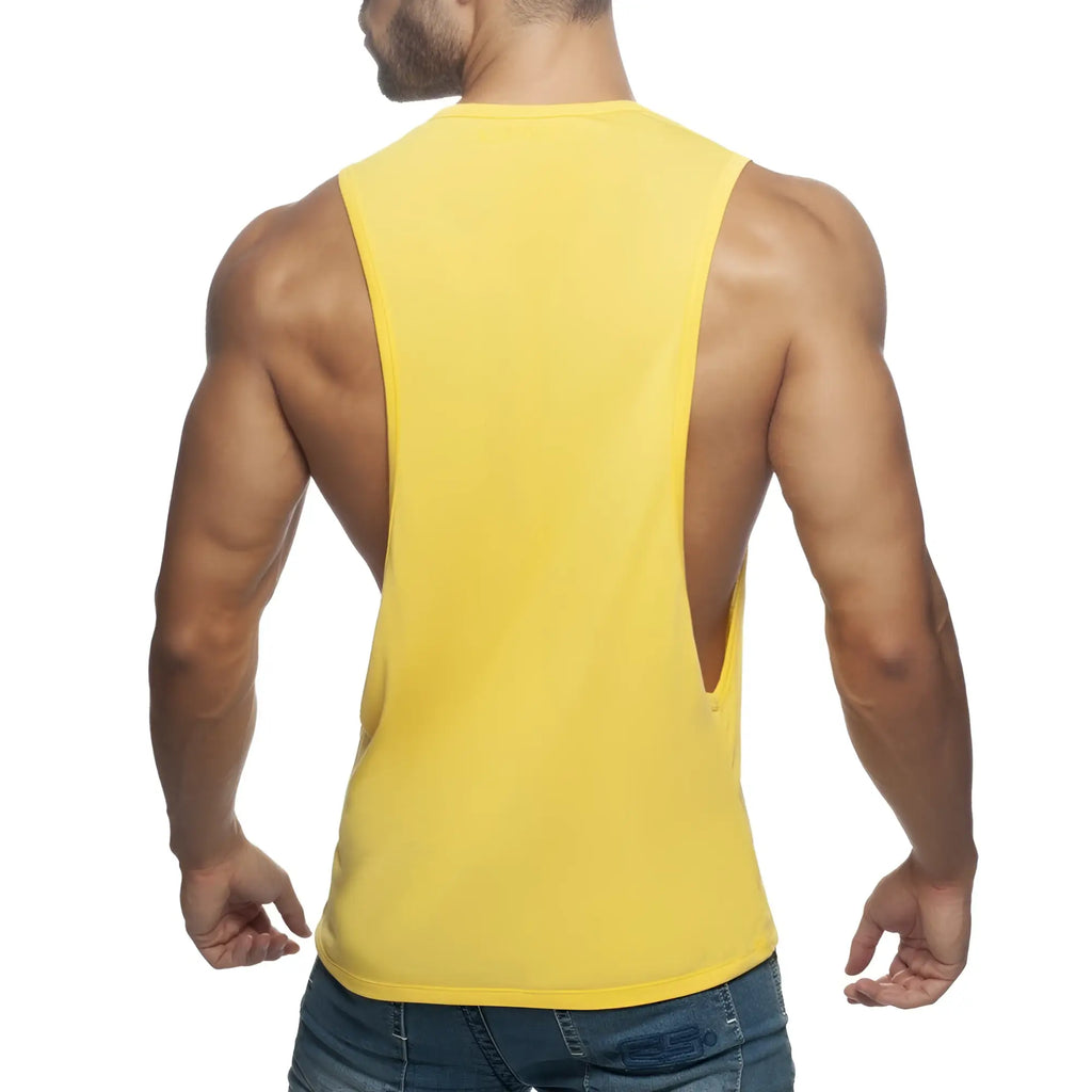 Bright yellow sleeveless muscle tank top with cutout back design from AD LOW RIDER for athletic wear