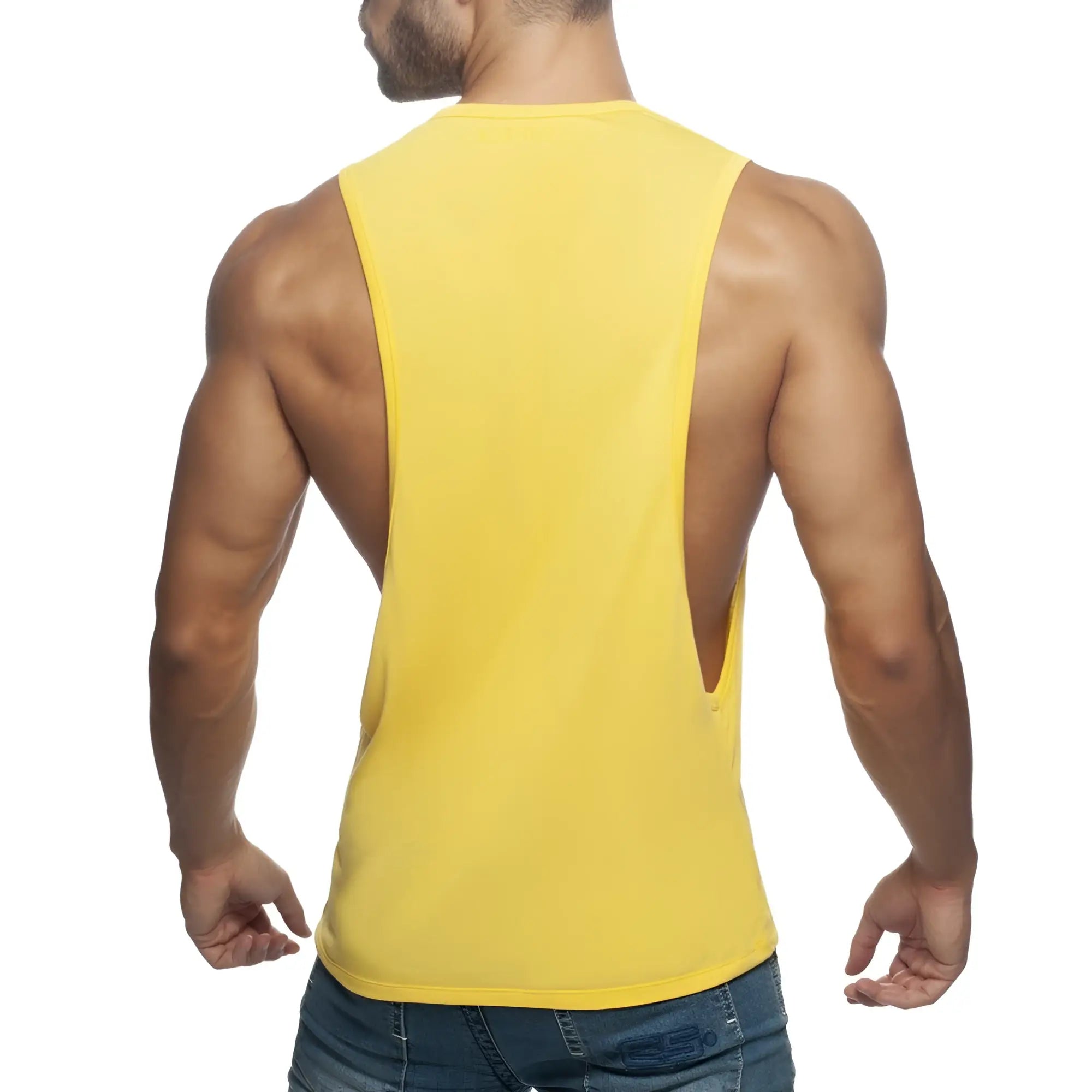 Bright yellow sleeveless muscle tank top with cutout back design from AD LOW RIDER for athletic wear