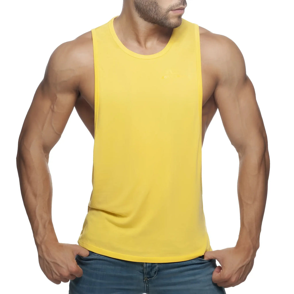 Bright yellow ad low rider sleeveless muscle tank top with round neckline and fitted cut for active wear