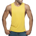 Bright yellow ad low rider sleeveless muscle tank top with round neckline and fitted cut for active wear