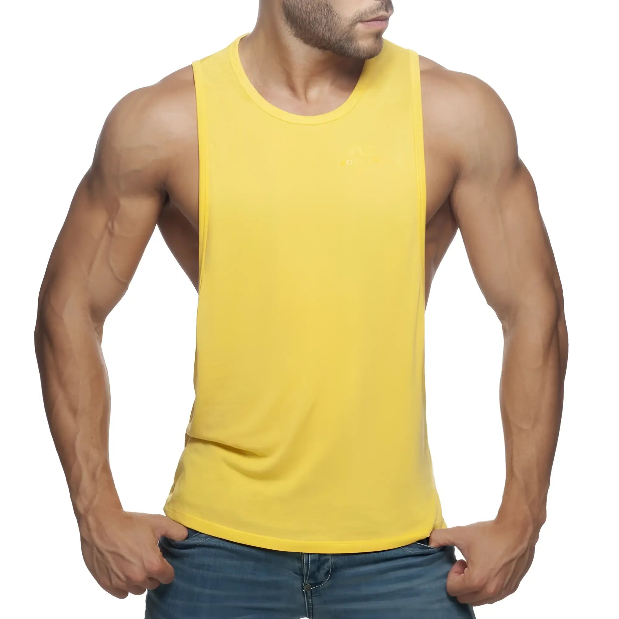 Bright yellow ad low rider sleeveless muscle tank top with round neckline and fitted cut for active wear
