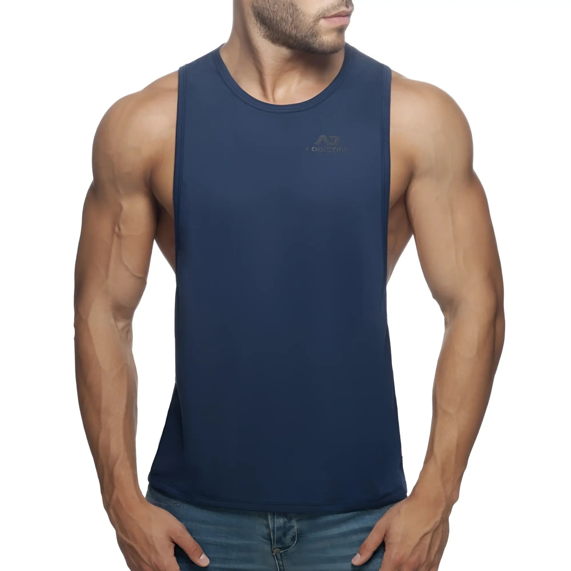Navy blue sleeveless athletic tank top with small chest logo made for performance under the ad low rider brand