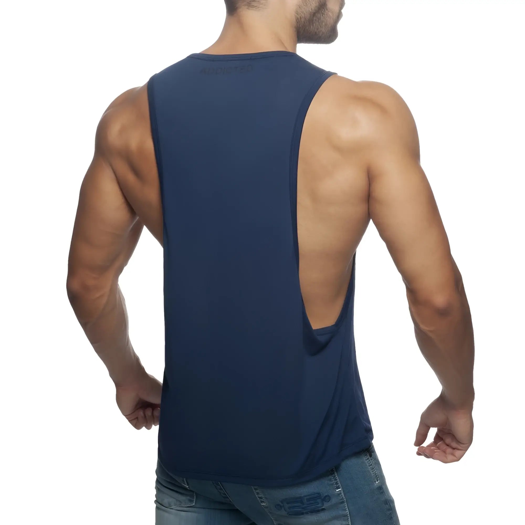 Navy blue sleeveless athletic tank top with low back cutout shown from the back in ad low rider style