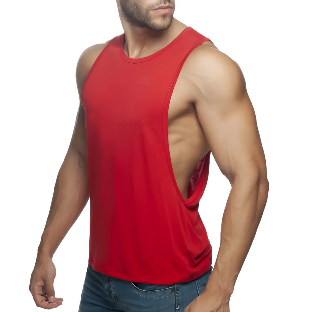 Red muscle tank top with cutout back design shown from the back in the ad low rider collection