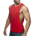 Red muscle tank top with cutout back design shown from the back in the ad low rider collection