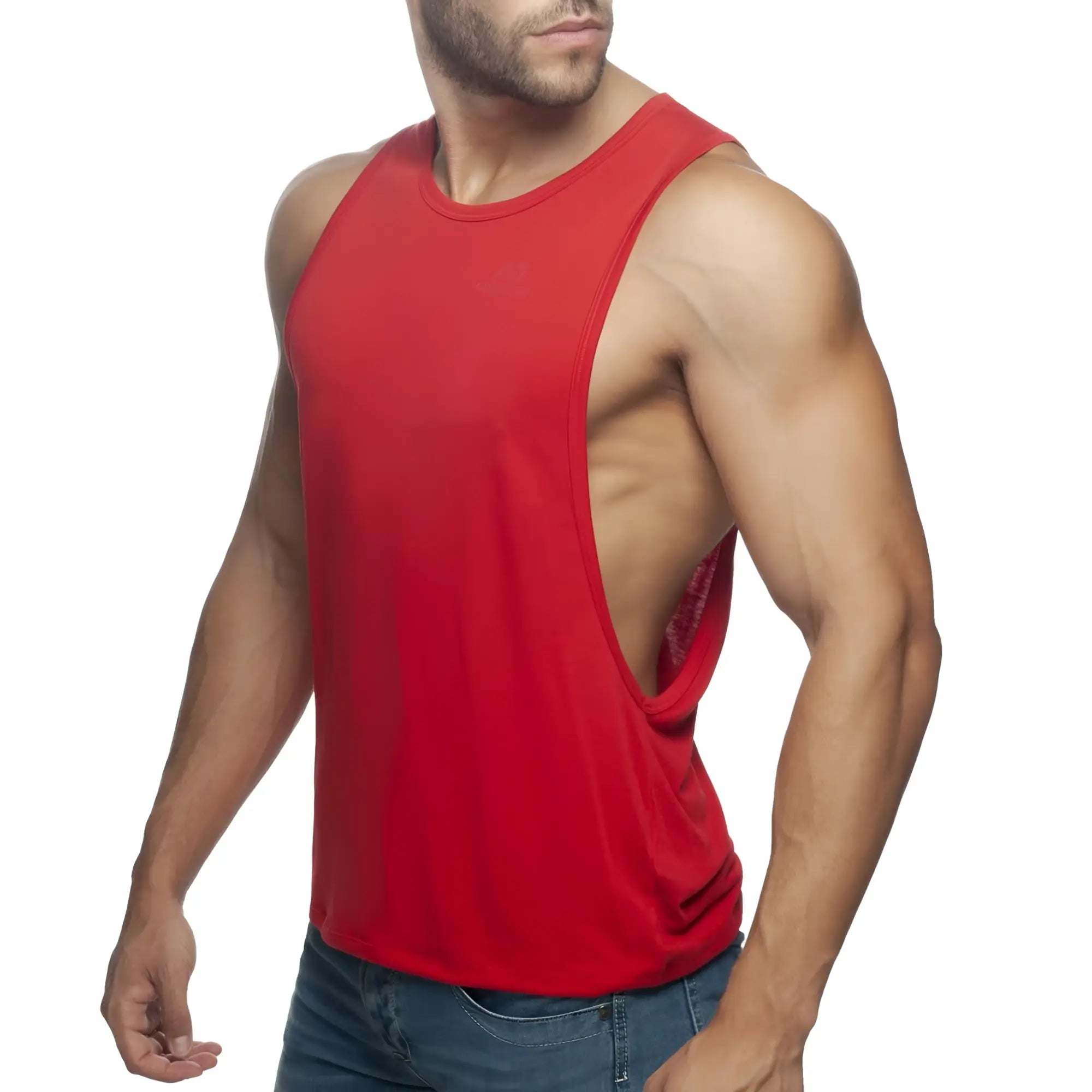 Red muscle tank top with cutout back design shown from the back in the ad low rider collection