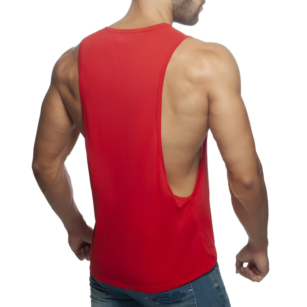 Red muscle tank top ad low rider with deep back cutout designed for breathable lightweight comfort