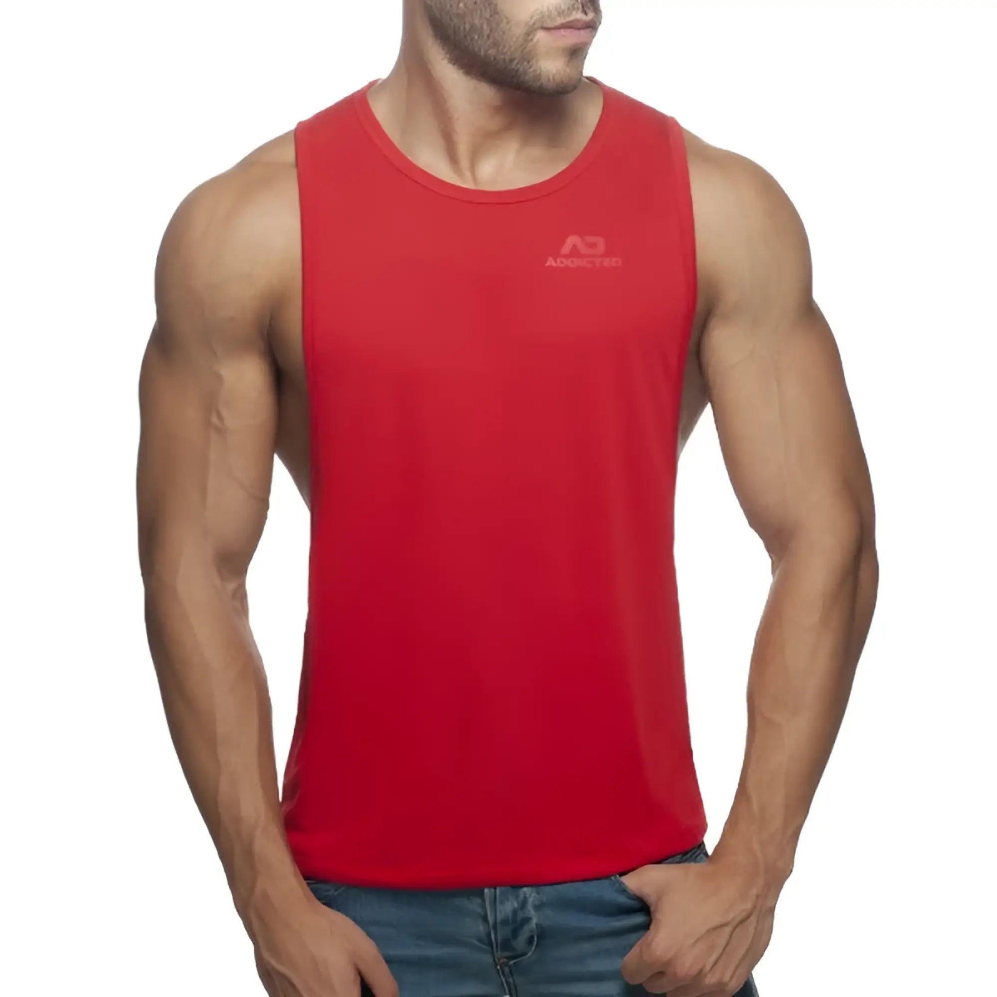 Red sleeveless tank top ad low rider with subtle logo on chest made from breathable fabric for casual wear