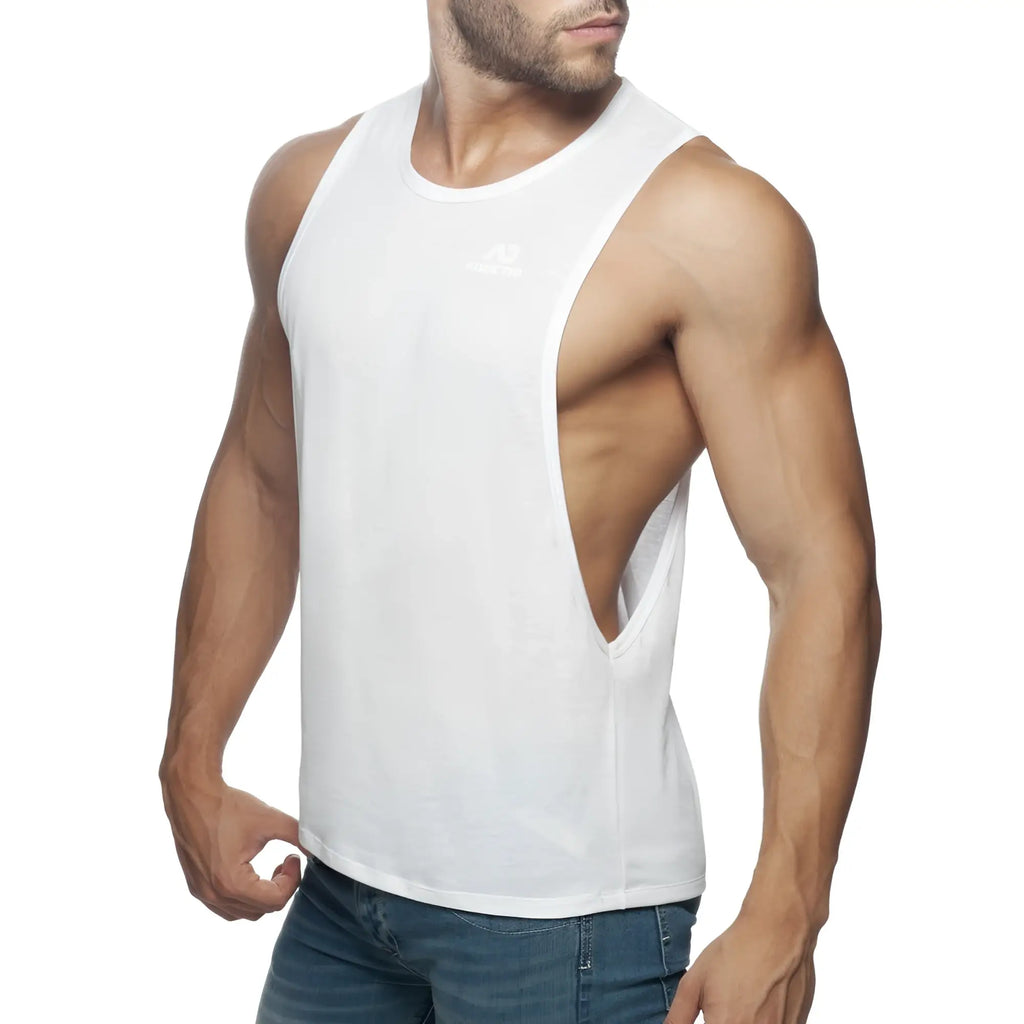 White muscle tank top ad low rider with a distinctive side cutout for casual and active wear