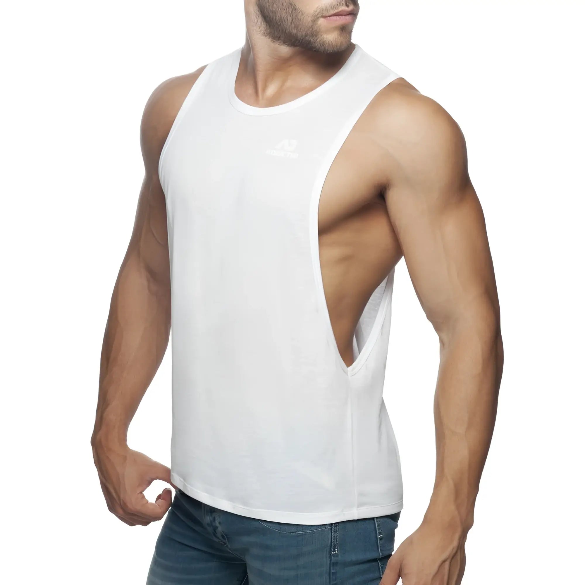 White muscle tank top ad low rider with a distinctive side cutout for casual and active wear