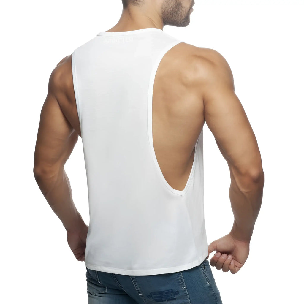 White sleeveless muscle tank top ad low rider with deep back cutout for breathable activewear look back view