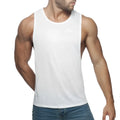 White sleeveless tank top ad low rider with small logo on chest made of lightweight breathable fabric