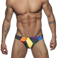 Vibrant geometric patterned ad pride bikini swim trunks in bold rainbow hues perfect for summer beachwear