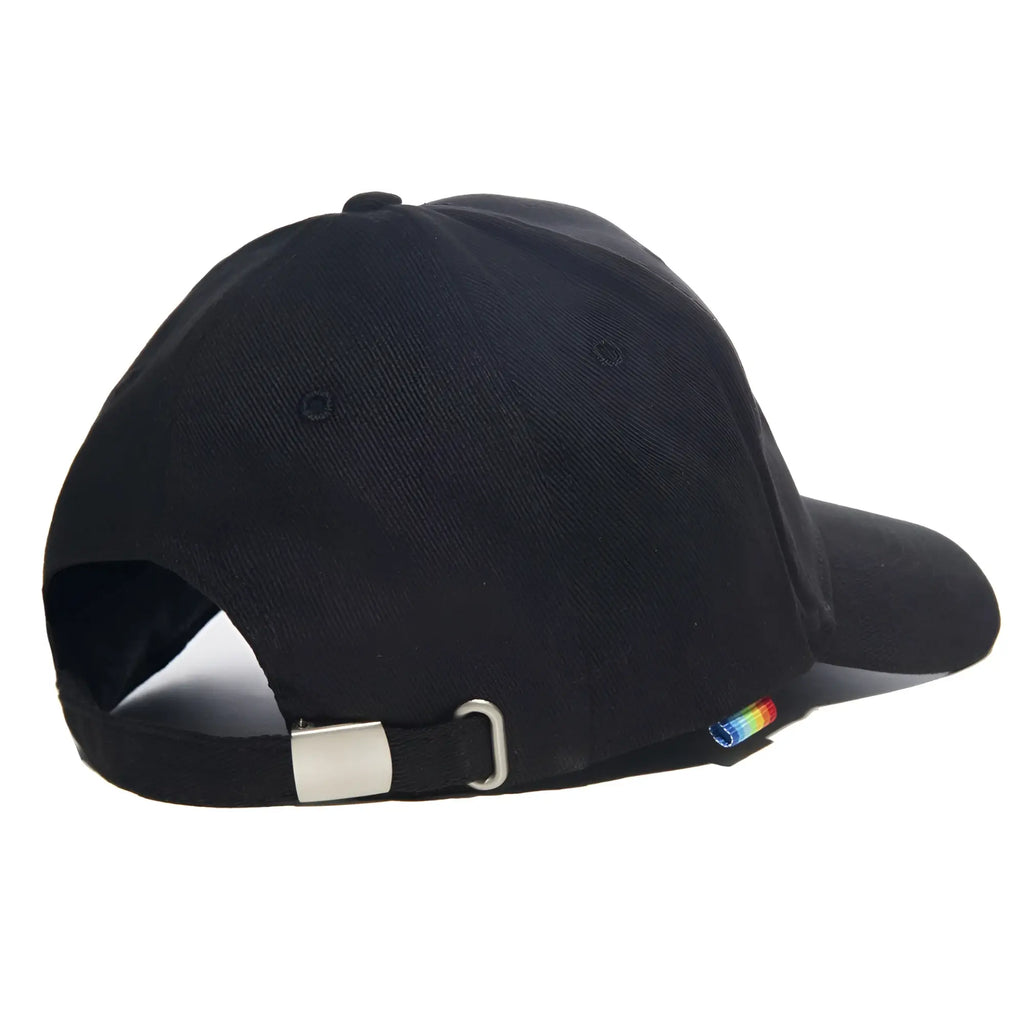 Black baseball cap with silver metal buckle and small rainbow tag on the side from AD Rainbow Cap collection