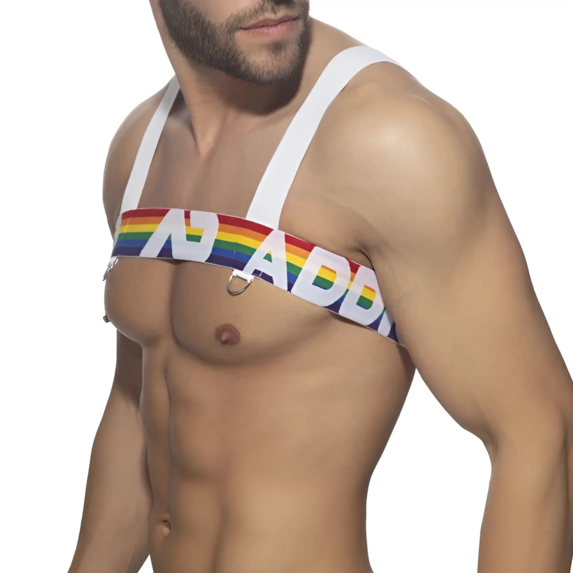 Ad rainbow harness with rainbow-striped nad branding white straps and metallic rings for secure fit