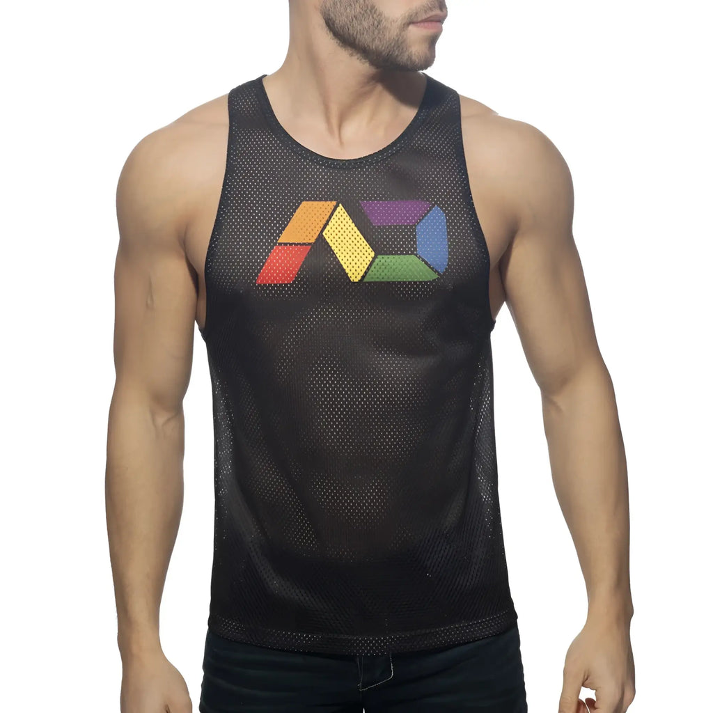Black mesh tank top featuring a colorful rainbow logo on the chest from AD rainbow mesh tank collection