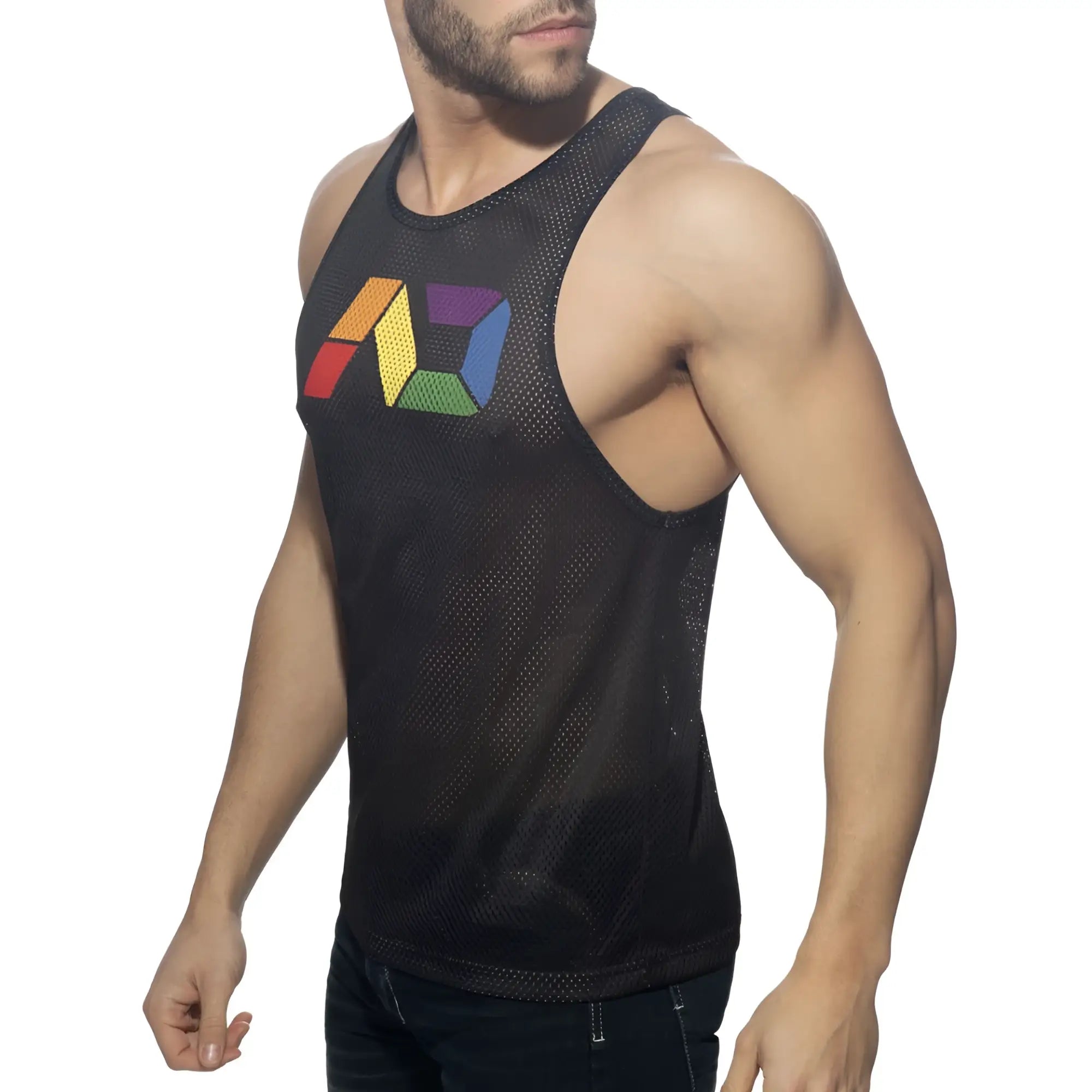 Black mesh tank top featuring a colorful geometric logo on the chest from the ad rainbow mesh tank collection
