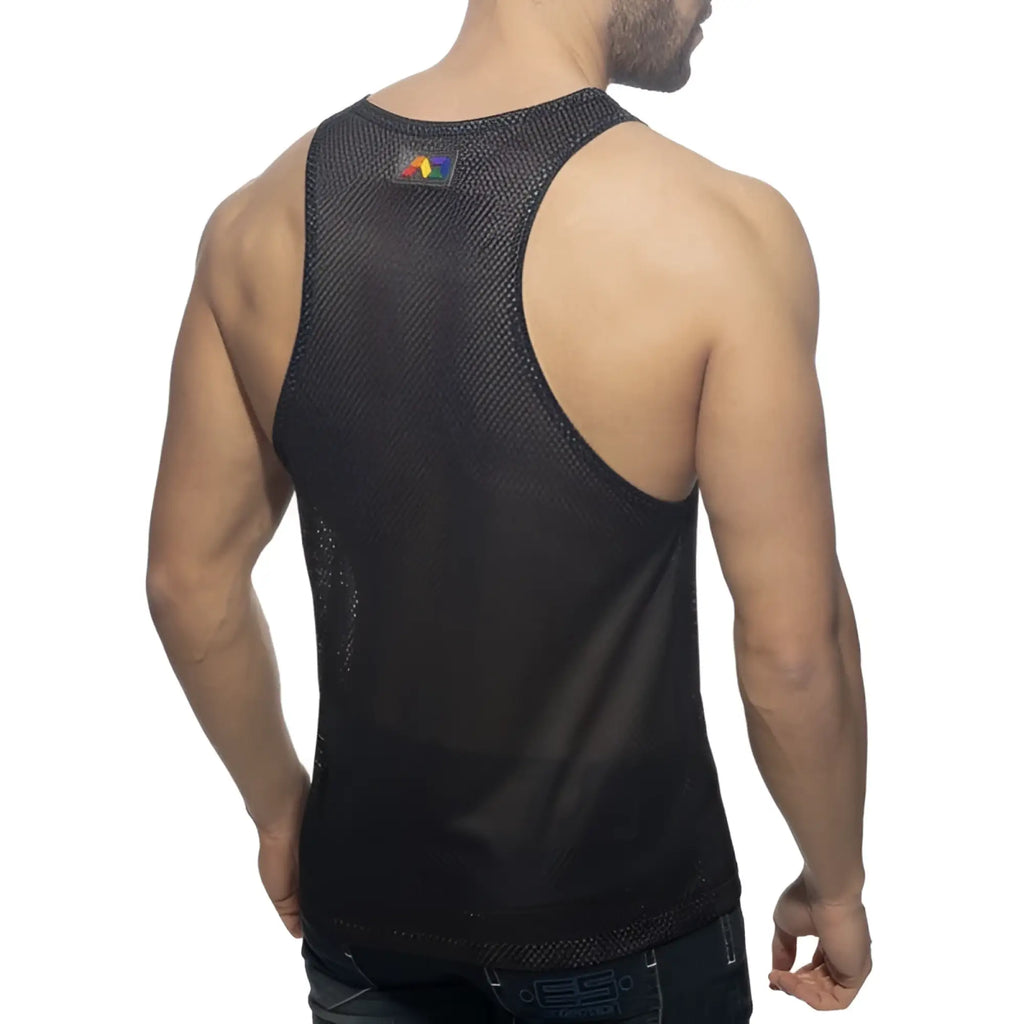 Back view of black mesh tank top with small rainbow logo on upper back in AD rainbow mesh tank product