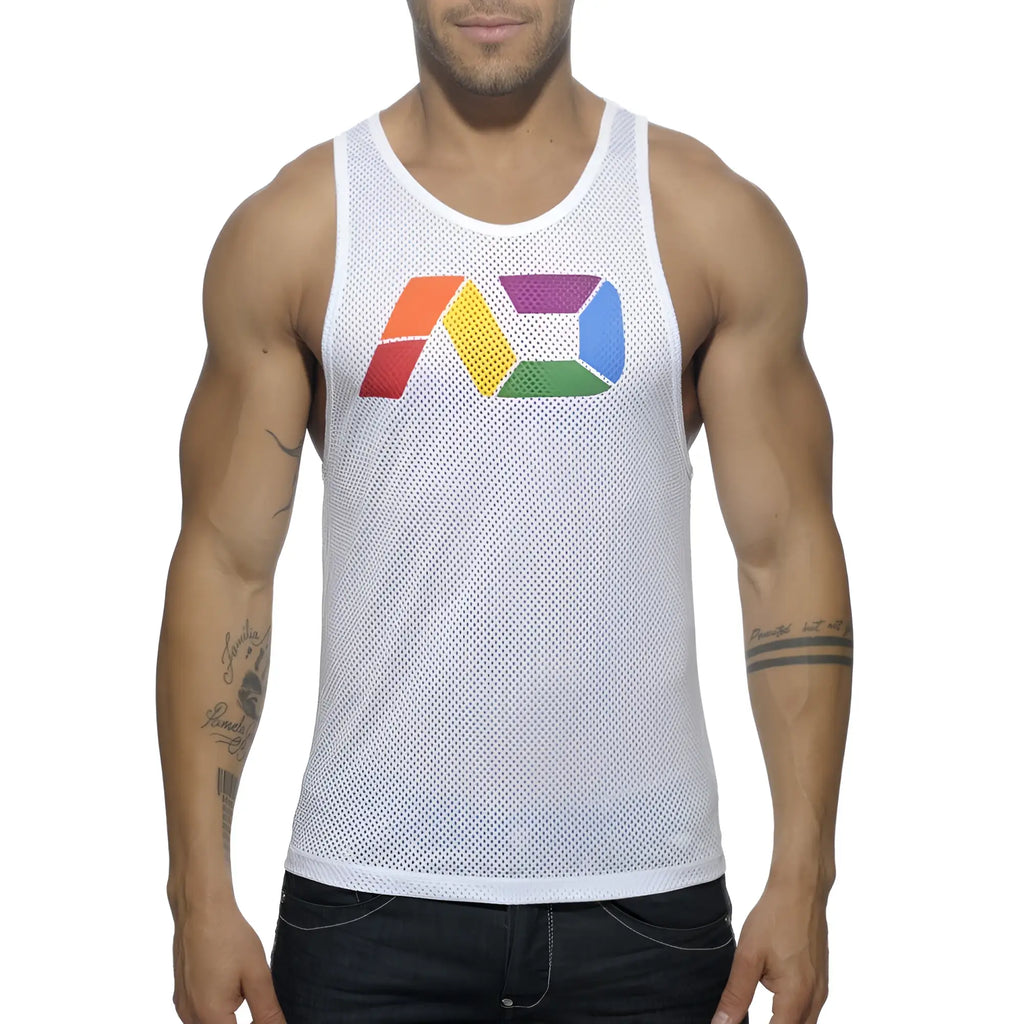 White mesh tank top with colorful rainbow logo on chest from ad rainbow mesh tank collection