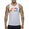 White mesh tank top with colorful rainbow logo on chest from ad rainbow mesh tank collection