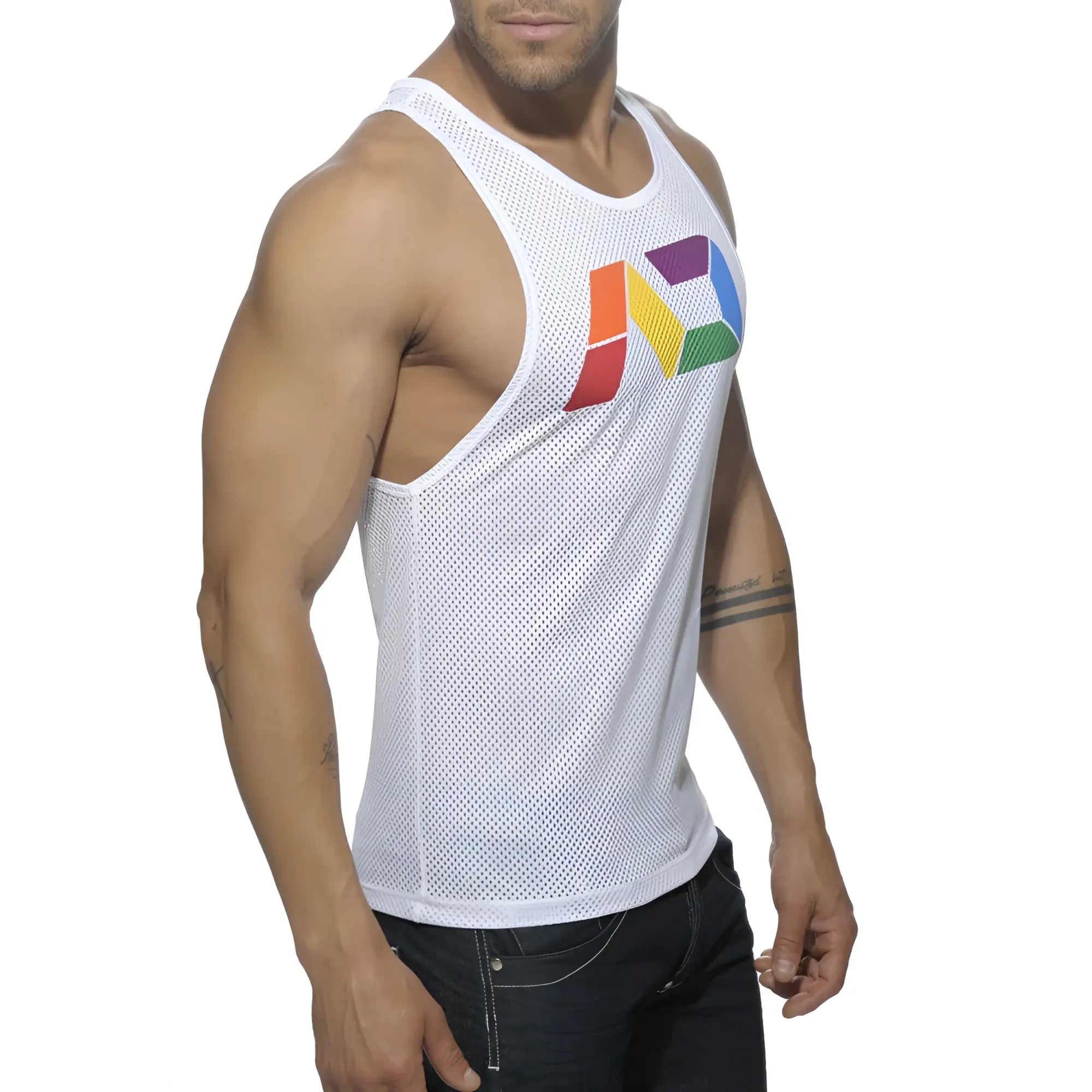 White mesh tank top with colorful rainbow logo on chest ad rainbow mesh tank