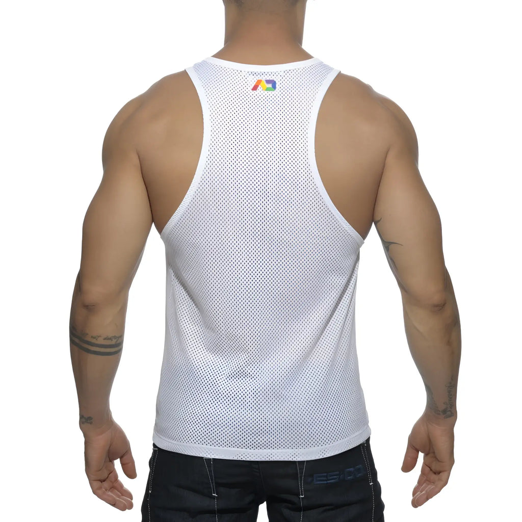 White mesh tank top ad rainbow mesh tank with small rainbow logo at the neckline for casual wear
