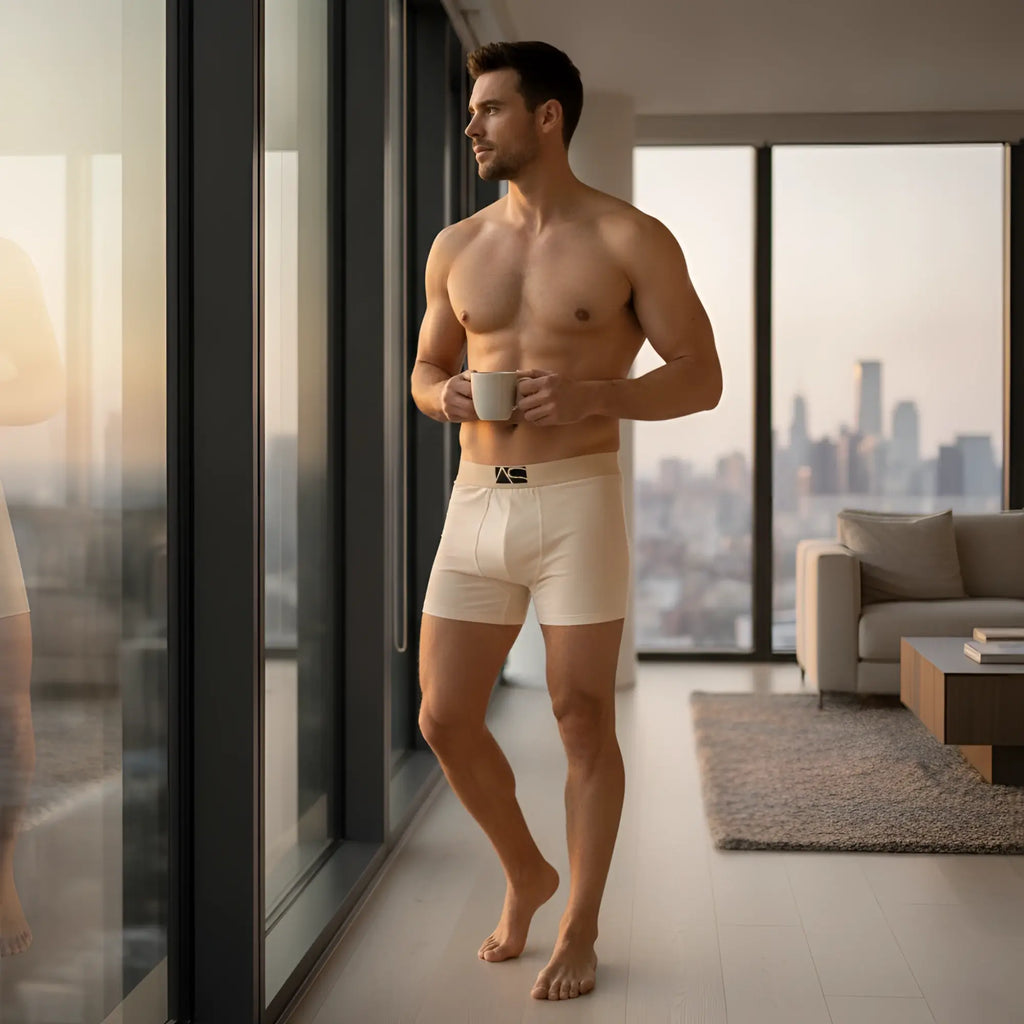 Beige long trunks boxer briefs with black and beige waistband featuring the as logo in front view