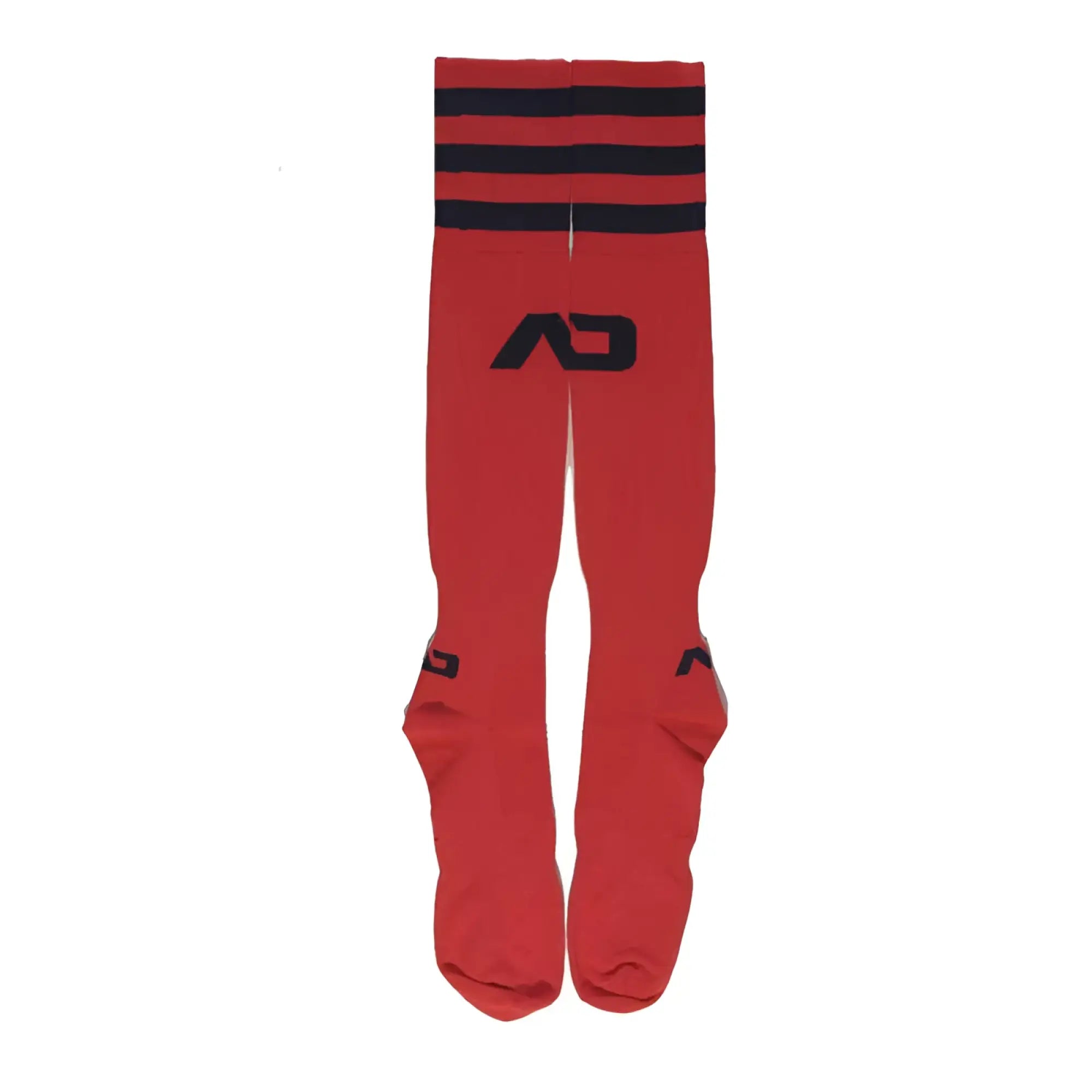 Addicted basic socks red ad382 size l/xl are red athletic socks with black stripes a logo a snug fit and reinforced toe area