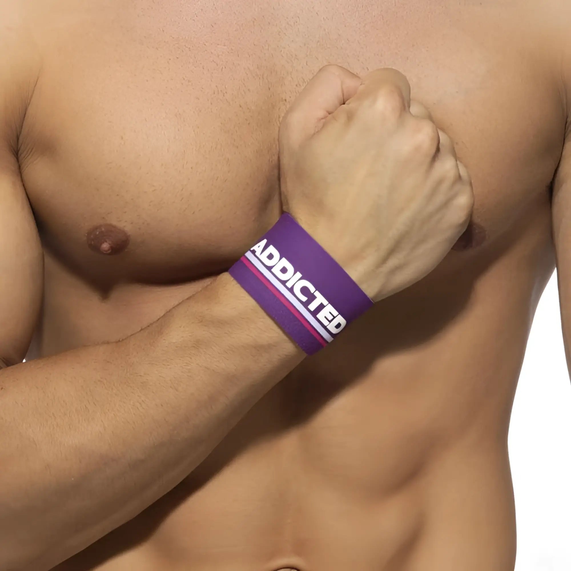 Purple wristband bracelet with addicted printed in white and pink lettering size one size vintage style accessory