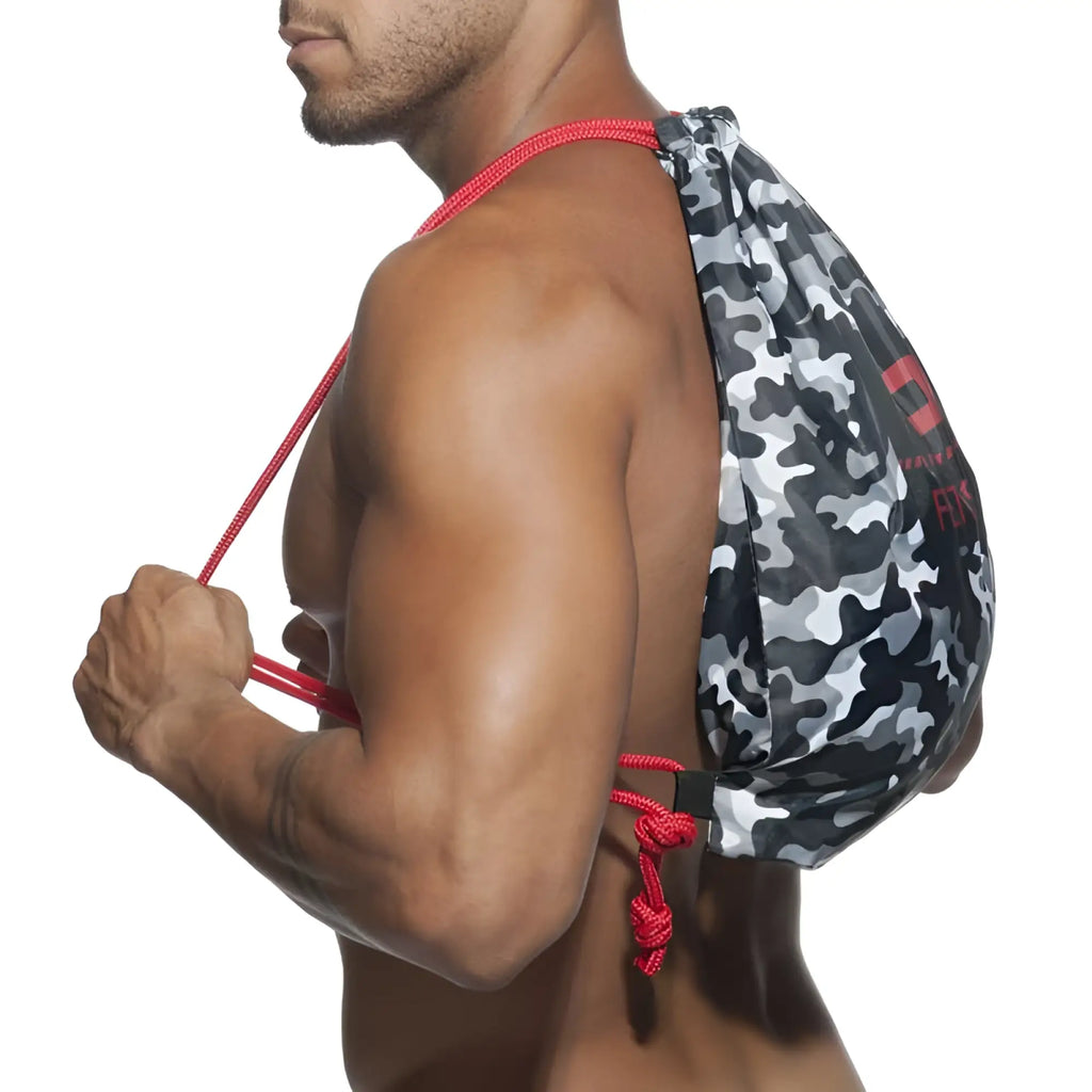 Addicted camo backpack bag charcoal in black and gray camouflage with red rope handles and drawstring closure