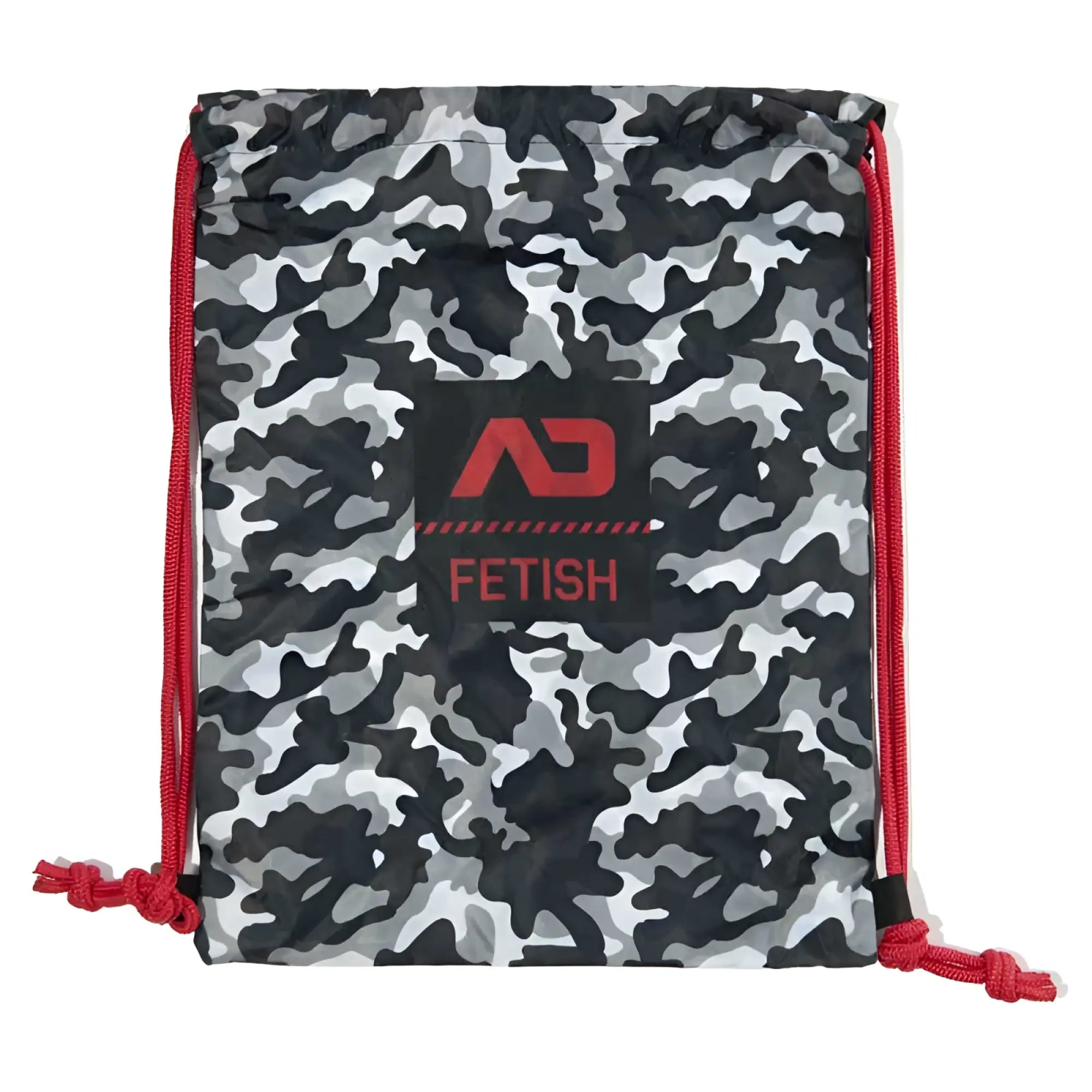 Gray and black camouflage drawstring backpack bag with red cords and black patch featuring ad fetish logo in red