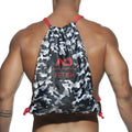 Gray and black camouflage drawstring backpack bag with red trim and bold red fetish logo in charcoal color one size