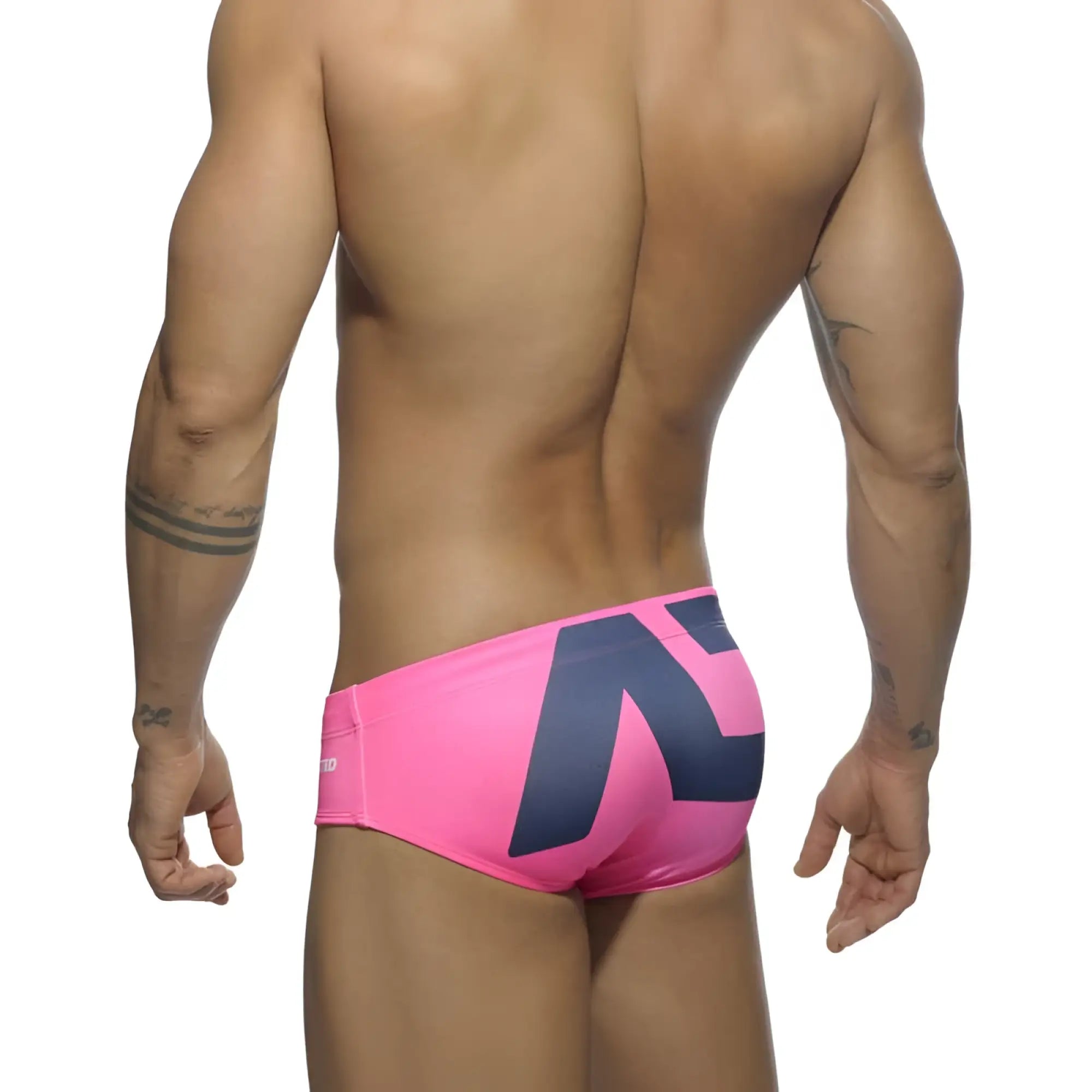 Back view of addicted extra large ad logo bikini swimwear in bright pink with bold navy blue geometric logo size m